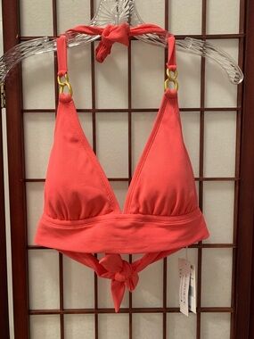 NWT Bleu Rod Beattie Coral Halter Bikini Top with Gold Hardware Rings in Size 8
